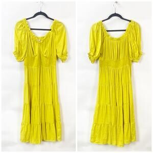 2/$30 Oddi Large Womens Yellow Tiered Flowy Peasant Smocked Prairie Midi Dress